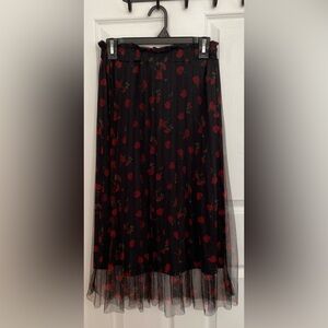 Revamped Black Midi Skirt with Red Floral Design